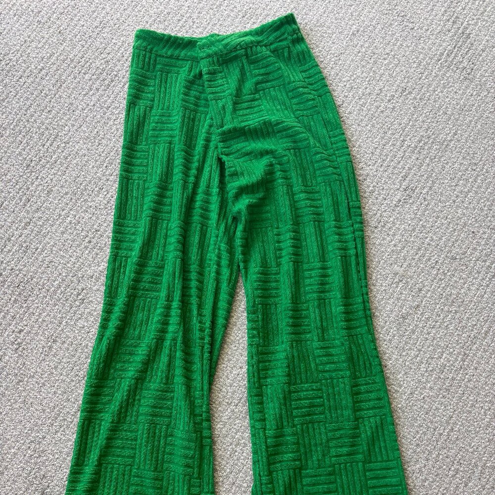 Green Checkered Texture Flare Pants - High Waisted Retro Trousers